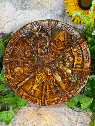 Pagan Wheel of the Year Plaque, Resin Wiccan Sabbat Wall Art, 25 cm Diameter, Detailed Seasonal Festivities Carving, Witchcraft Ritual Decor-OsirisTradingUK