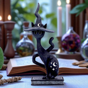 Gothic Witch Cat Ornament Crescent Moon & Star Decor Spooky Wiccan Figurine