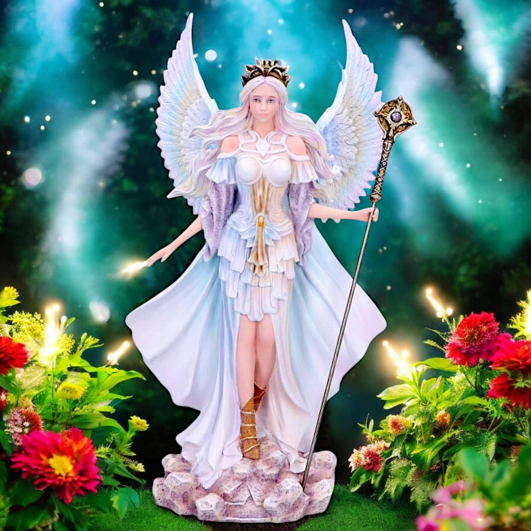 Spiritual Angel Figurine Elegant Celestial Ornament with Staff Enchanted Statue Decor