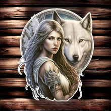 Load image into Gallery viewer, Enchanting Wolf &amp; Warrior Woman Wall Art - Mystical White Wolf Guardian Decor - Ethereal Female Spirit Metal Wall Sign - Fantasy Home Decor
