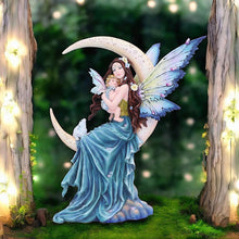 Load image into Gallery viewer, Mystical Fairy with Baby Sitting on Crescent Moon Ornament Fantasy Resin Statue
