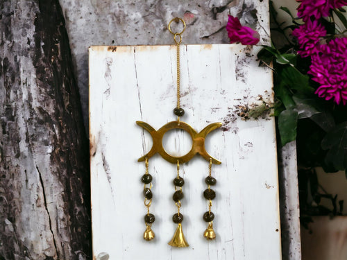 Triple Moon Goddess Wind Chime - Mystic Brass Harmony Bells, Black Bead Accents, Pagan Altar Decor, Spiritual Gift, 26cm-OsirisTradingUK
