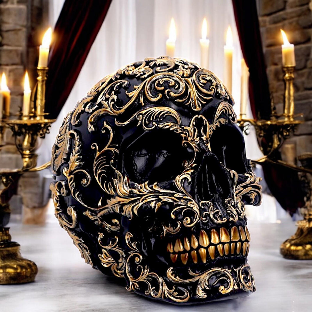 Ornate Black and Gold Skull Ornament Gothic Home Décor Elegant Skull Sculpture