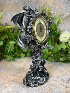 Gothic Resin Silver Bats Clock 25 cm Tall - Handcrafted, Spooky Decor Halloween Ornament-OsirisTradingUK