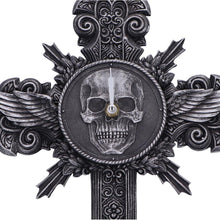 Load image into Gallery viewer, Horas Gothic Wall Clock Skull Cross Wings Silver Dark Fantasy Halloween Decor
