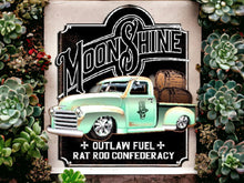 Load image into Gallery viewer, Vintage Moonshine Outlaw Fuel Metal Wall Sign - Rat Rod Confederacy Truck Decor, Retro Automotive Art, Classic Americana Display, 40x38cm-OsirisTradingUK

