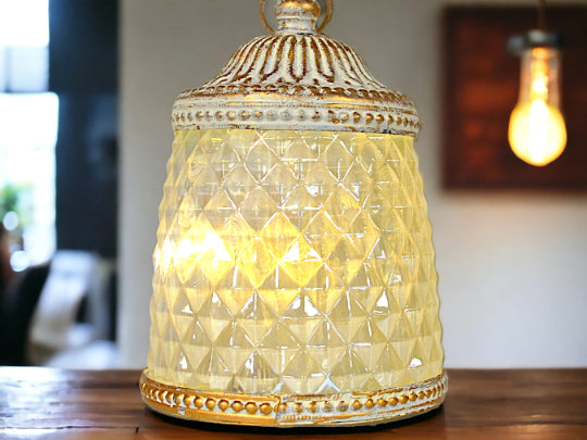 Moroccan LED Lantern, Vintage Metal and Glass Decorative Light, Battery-Powered Tabletop Lamp, Exotic Home Accent, Ornate Illumination Piece-OsirisTradingUK
