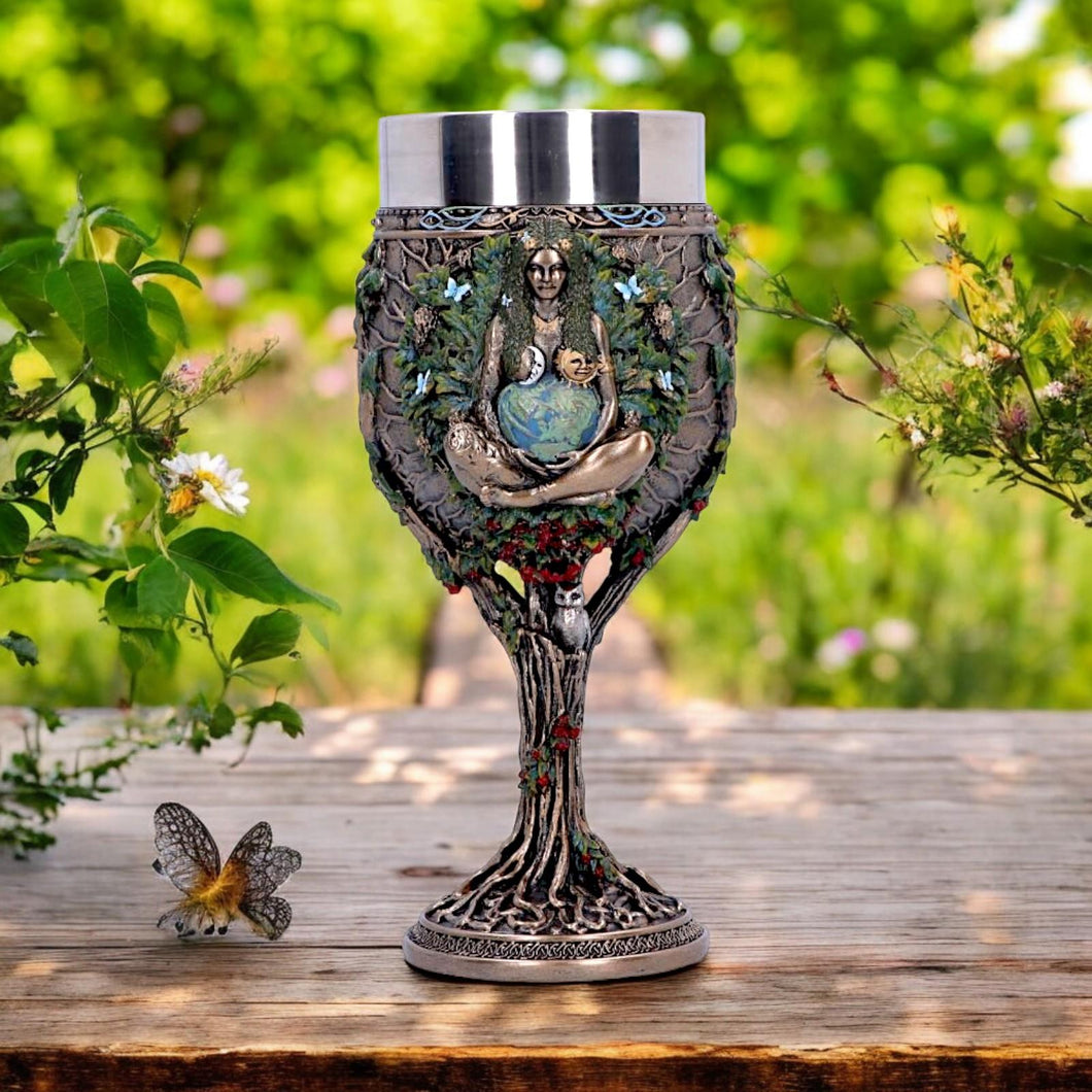 Mother Earth Goblet Pagan Goddess Chalice Wiccan tree Of Life Stainless Insert