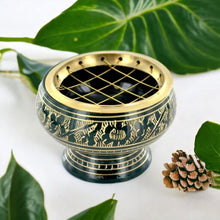 Load image into Gallery viewer, Hand-Engraved Green Resin Incense Burner | Metal Handcrafted with Artisan Detail | Spiritual Aromatherapy Essential-OsirisTradingUK
