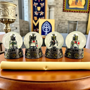 Medieval Knight Snow Globe Set of 4 Templar Figurines Glass Ornament Decor Gift