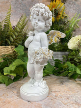 Load image into Gallery viewer, Elegant Cherub with Golden Rose Basket Statue, Artisanal Cherub Sculpture, Heavenly Floral Decor, Angelic Figurine, Unique Handcrafted Gift-OsirisTradingUK
