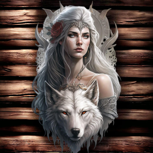 Enigmatic Wolf Queen Metal Wall Sign - Mystical White Wolf and Warrior Maiden Art, 48x29 cm, Ethereal Fantasy Home Decor-OsirisTradingUK
