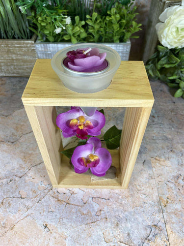 Elegant Orchid Artificial Flower Arrangement with Wooden Candle Holder - 19 cm Tall-OsirisTradingUK