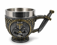Load image into Gallery viewer, Medieval Crusader Knight Drinking Tankard Gothic Silver Gold Mug Home Bar Decor

