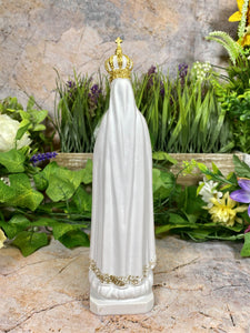 Resin Statue of Our Lady of Fatima, Religious Figure with Golden Accents, Elegant Virgin Mary Sculpture, Spiritual Christian Decor