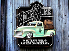 Load image into Gallery viewer, Vintage Moonshine Outlaw Fuel Metal Wall Sign - Rat Rod Confederacy Truck Decor, Retro Automotive Art, Classic Americana Display, 40x38cm-OsirisTradingUK
