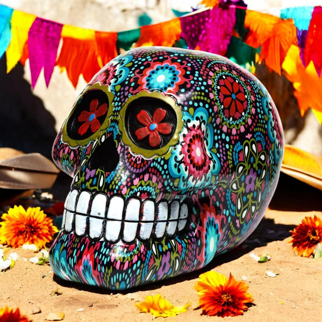 Mexican Day of the Dead Skull Figurine - Floral Resin Decor 14.5cm