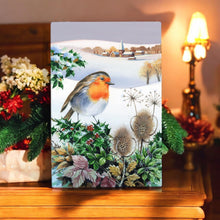 Load image into Gallery viewer, &quot;Robin Snowy Fields Ceramic Wall Art Tile by R. Fathers 30x20 cm – Winter Wildlife Decor, Christmas Robin Gift&quot;
