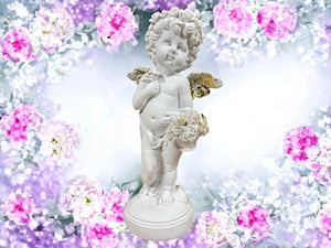 Elegant Cherub with Golden Rose Basket Statue, Artisanal Cherub Sculpture, Heavenly Floral Decor, Angelic Figurine, Unique Handcrafted Gift-OsirisTradingUK