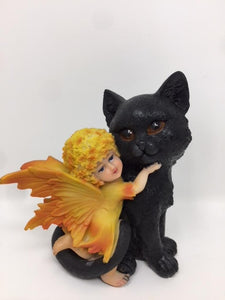 Adorable Fairy with Black Cat Companion Sculpture Figurine Fantasy Fairies Statue-OsirisTradingUK