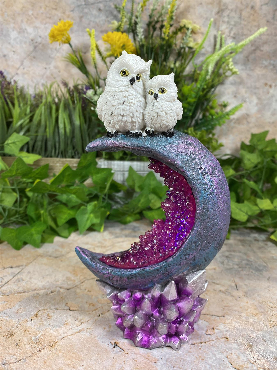 Twin Owls Resting on Crescent Moon Sculpture | Handmade Resin Art with LED Light-OsirisTradingUK