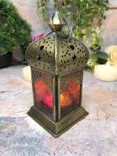 Load image into Gallery viewer, Moroccan Style Brass Lantern Antique Multicoloured Glass Tea Light Candle Holder Home Decoration
