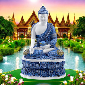 Elegant White & Blue Buddha Ornament - Lotus Pose Meditation Decor 26.5cm