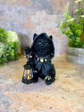 Load image into Gallery viewer, Black Cat in Robe Figurine with Lantern - Gothic Witch Resin Statue - Halloween Decor - Comical Cat Ornament

