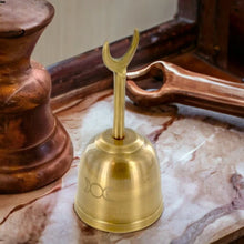 Load image into Gallery viewer, Brass Altar Bell with Triple Moon Engraving - Wiccan Ritual Tool - Spiritual, Harmonic Decor - Pagan Altar Accessory
