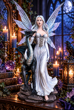 Charger l'image dans la galerie, Silver Fairy with Black Dragon Figurine 46.5cm Gothic Fantasy Statue Ornament
