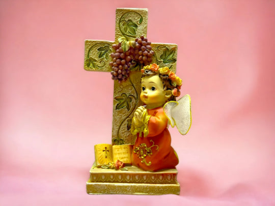 Cherubic Praying Angel Figurine, 12.5cm – Ornate Resin Cross with Grapes, Religious Decor, Spiritual Tabletop Art, Angelic Home Blessing