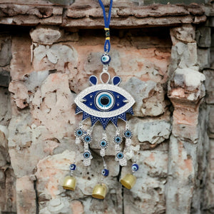 Evil Eye Wind Chime for Protection - Blue Beaded Metal Hanging Decor - 34cm Harmonic Bells - Spiritual Guard and Home Charm