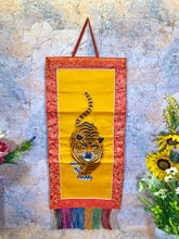Load image into Gallery viewer, Tibetan Tiger Banner, Embroidered Wall Hanging, Traditional Brocade Silk &amp; Polyester Decor, Spiritual Art Piece, 30x68cm-OsirisTradingUK
