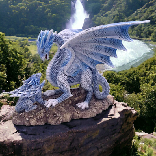 Enchanting Celestial Blue Dragon & Hatchling Figurine, Mystical Fantasy Dragon Sculpture Home Decor, Unique Collectible Fantasy Art