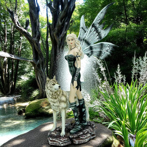 Dark Gothic Fairy & Wolf Figurine Mystical Fantasy Warrior Queen Guardian Statue