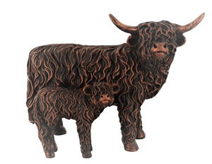 Highland Cow and Calf Bronze Effect Sculpture - Handcrafted Resin Ornament