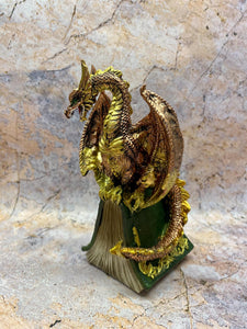 Enchanted Forest Guardian Dragon - Majestic Resin Dragon Statue, 16cm Tall, Hand-Painted Green and Gold, Mythical Home Decor