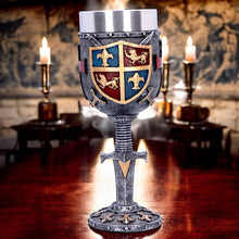 Load image into Gallery viewer, Medieval Knight Goblet Sword Stem Chalice with Heraldic Crest Gothic Fantasy Drinkware
