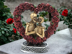 Eternal Love Skeleton Couple in Heart Rose Wreath, Gothic Romantic Figurine, Undying Affection Resin Statue, Love Beyond Life Ornament-OsirisTradingUK
