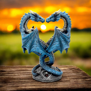 Anne Stokes Dragon Heart Statue - Resin Fantasy Decor, Blue Twin Dragons in Heart Shape