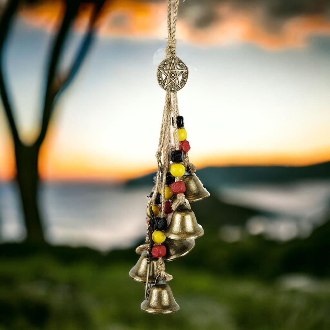 Enchanted Witches Protection Bells with Beads - Mystical Metal Wind Chime - Handcrafted Magical Decor - 32cm Rope Hanging Ornament-OsirisTradingUK