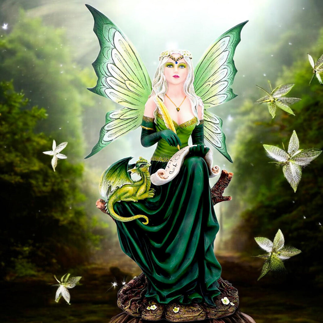 Enchanting 49.5cm Green Fairy Figurine with Dragon - Hand-Painted Fantasy Resin Sculpture