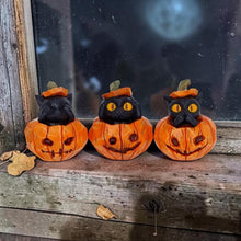 Load image into Gallery viewer, Black Cat Pumpkin Ornaments Set 3 See Hear Speak No Evil Gothic Halloween Figures

