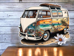 Retro Beach Scene Camper Van Metal Wall Sign, 46x37cm – Vintage Surf Style Art, Classic Hippie Van Decor for Home and Office