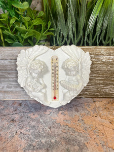 Cherub Thermometer Resin Decor | Angel Heart-Shaped Wall Hanging | Rustic Garden and Home Ornament | Dual Celsius & Fahrenheit