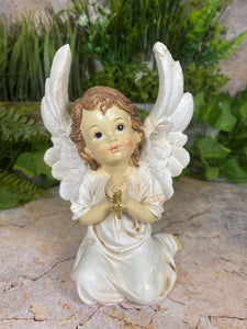Handcrafted Guardian Angel Praying with Cross Statue Resin Sculpture