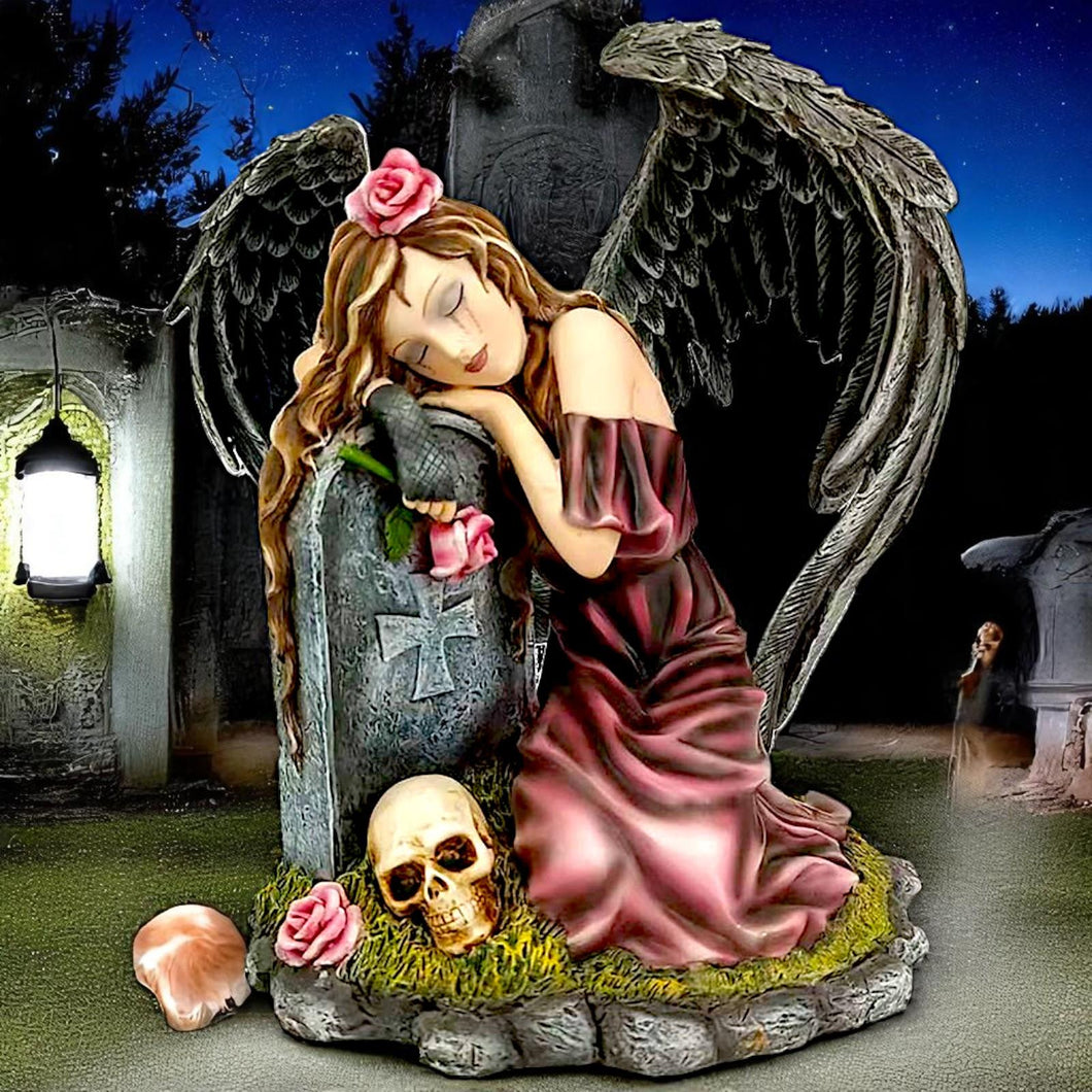 Gothic Mourning Angel + Gravestone Remembrance Statue Fantasy Love Figurine