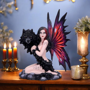 Shadow Spirit Fairy and Wolf Figurine 34.5cm - Handcrafted Resin Fantasy Decor