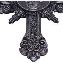 Load image into Gallery viewer, Horas Gothic Wall Clock Skull Cross Wings Silver Dark Fantasy Halloween Decor
