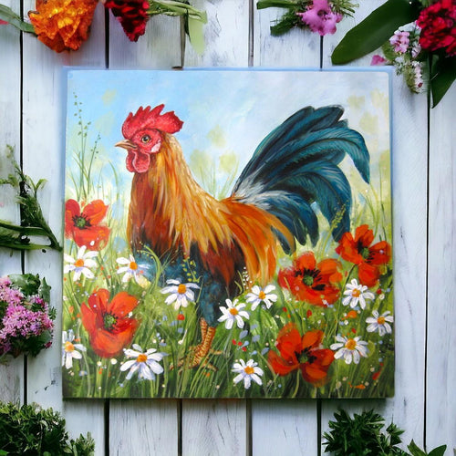 Vibrant 'Poppy Cockerel' Ceramic Tile by Judith Yates - Rustic Farmhouse Wall Art, Freestanding or Wall Mounted, 20x20 cm-OsirisTradingUK